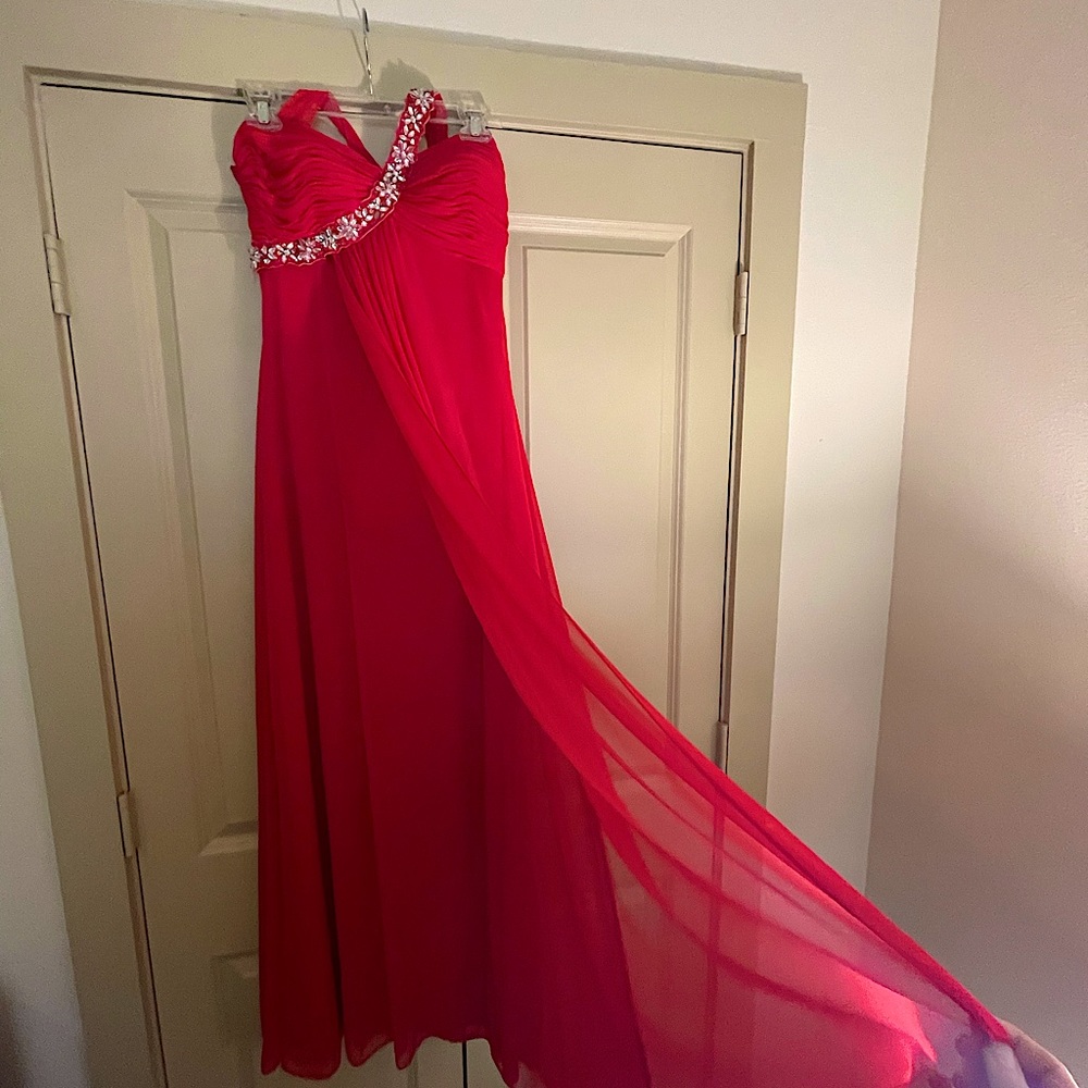 Red & Rhinestone Formal One shoulder Dress - Picture 5 of 13